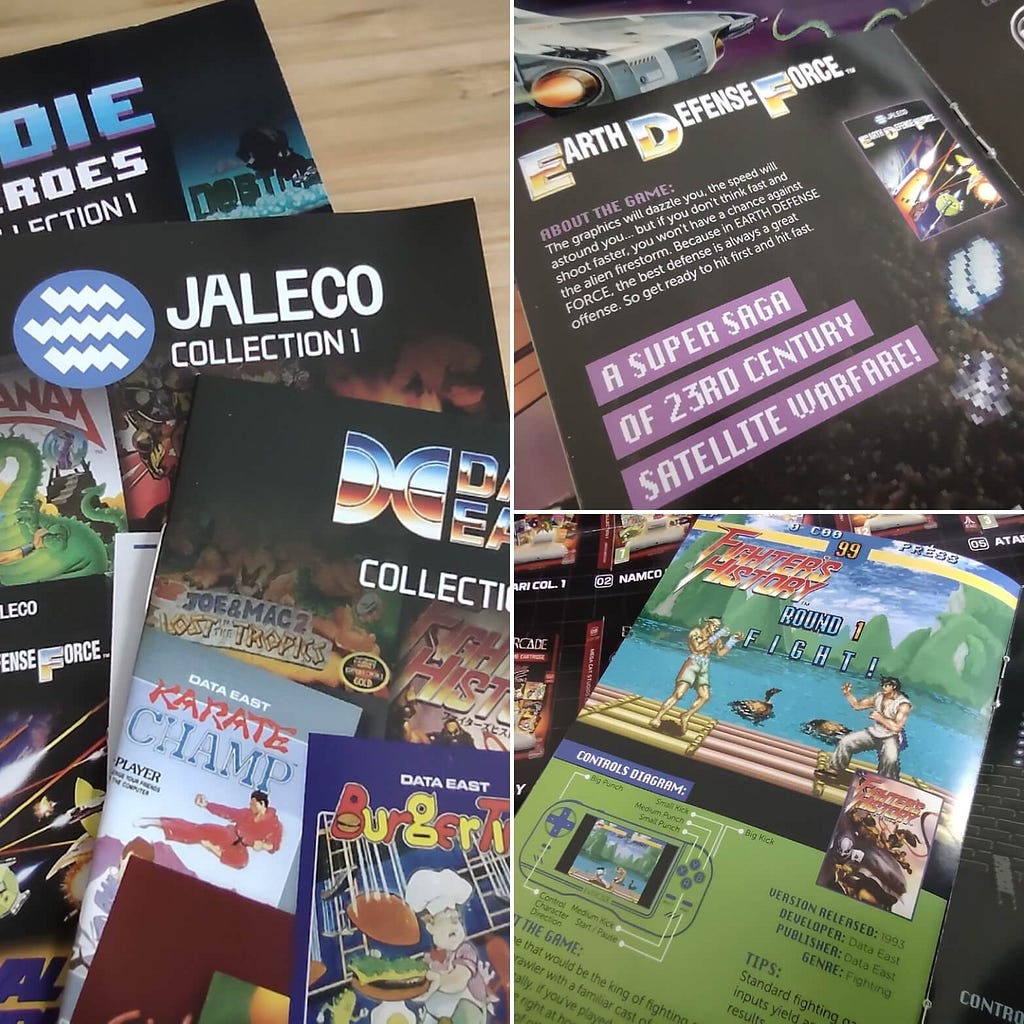 A collage of various photographs taken of a selection of Evercade manuals