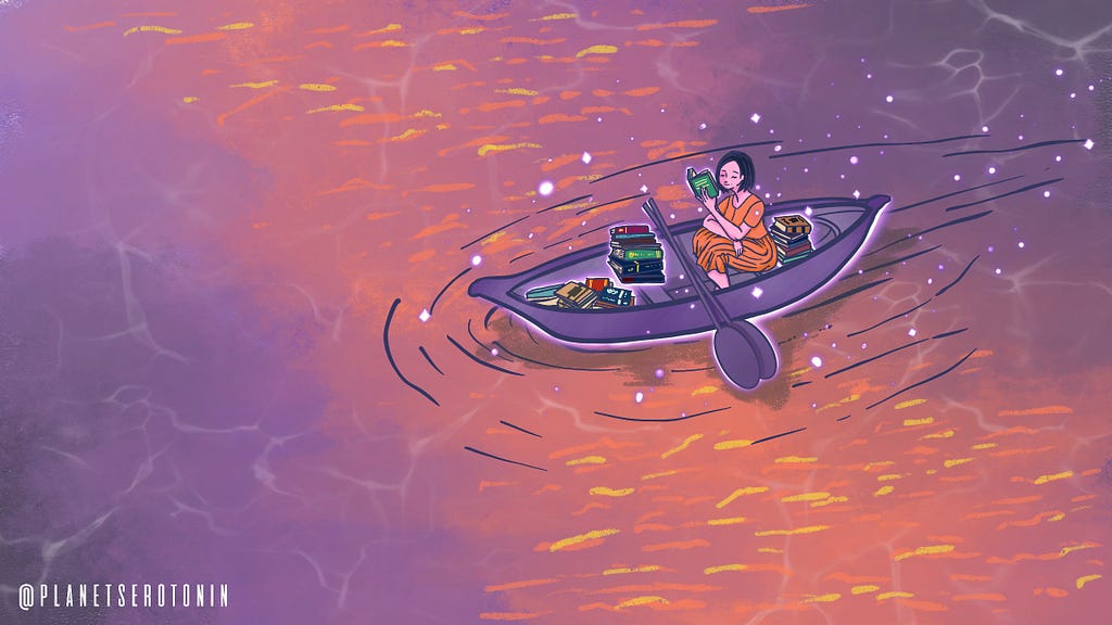 A woman reading a book in a boat filled with books in the middle of open waters that is purple and orange hued.