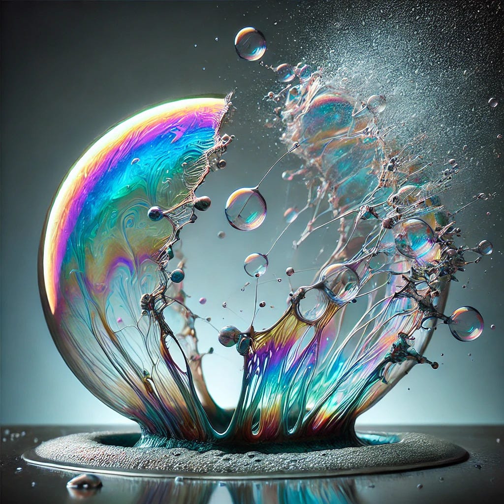 Dynamic moment of two soap bubbles bursting. The scene shows the bubbles mid-explosion, with iridescent surfaces.
