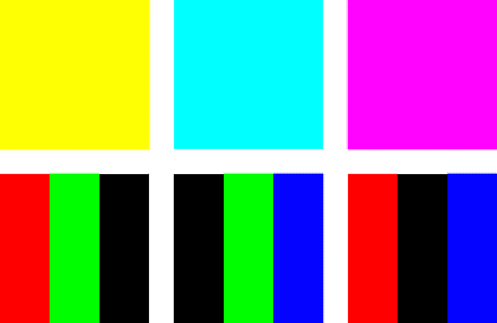 Subpixels activated to produce secondary colours on RGB screen.