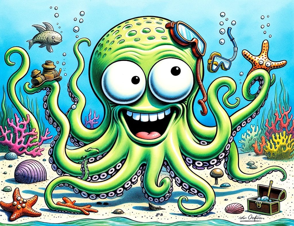 A cartoon-style illustration, featuring a light green octopus, matching hex #ABF39F, with a humorous and exaggerated expression. The octopus is depicted as cross-eyed, adding a comical aspect to its appearance. In its tentacles, the octopus is holding a variety of random objects, such as a small treasure chest, a starfish, a pair of sunglasses, and a snorkel, creating a playful and whimsical scene. The underwater setting is vibrant and colorful, filled with stylized coral and seaweed.