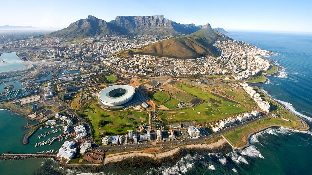 Aerial photo of Cape Town with Table Mountain at the back and Lion’s head on the right