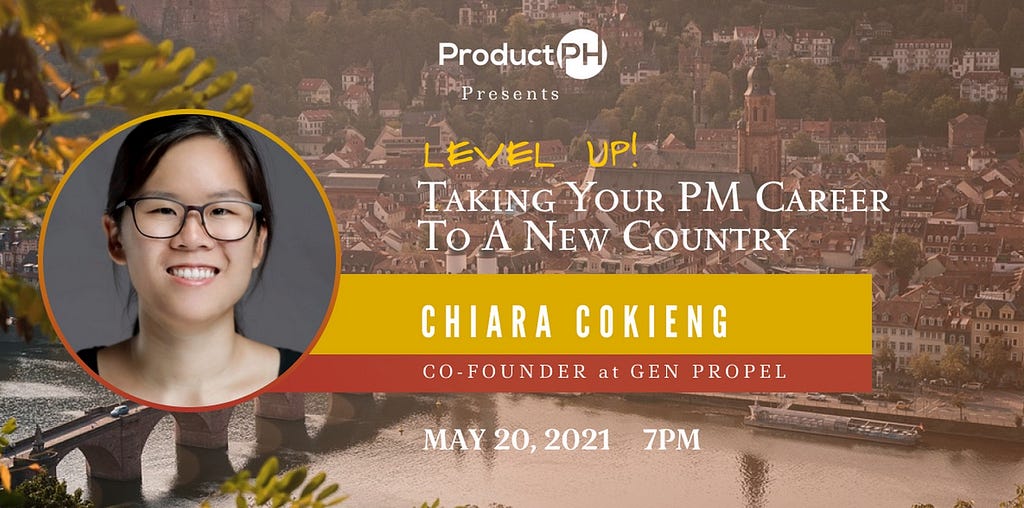 Banner image showing Chiara Cokieng, the guest speaker, and the event label of “Taking your PM Career To A New Country”