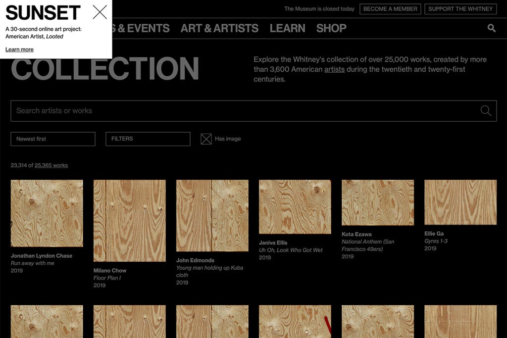 Images of artworks on the online collection replaced with wooden boards, over a black background and greyed-out text