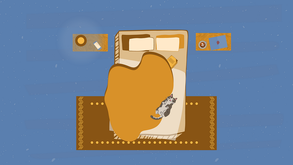 Graphic illustration of a bed with a cat sleeping on it, with discarded laptop, tea, and a book strewn across the room.