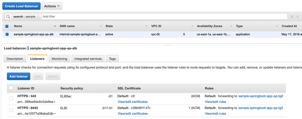 ECS service screen with black text and blue highlighted buttons and rows, showing ALB before blue/green deployment