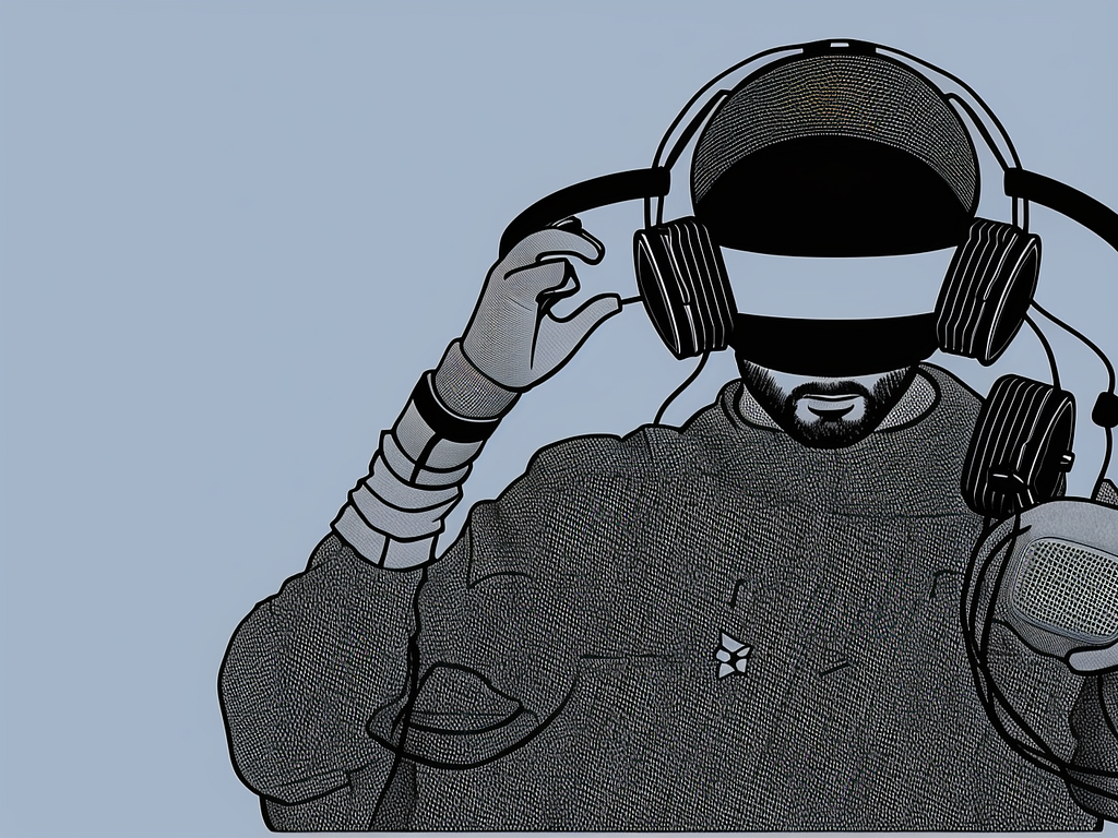 An AI-generated stylized image of a blindfolded man wearing headphones and holding a weird gaming controller in his hand