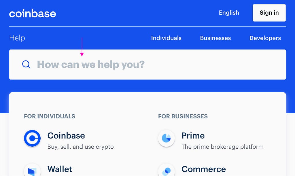 Coinbase website with “How can we help you”? in search field.