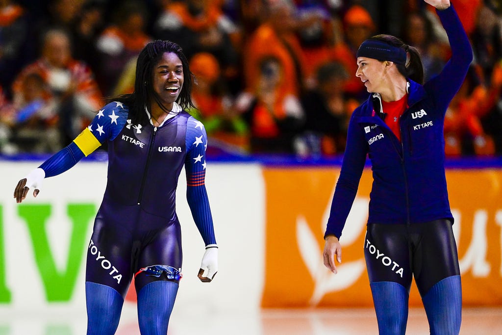 Erin Jackson Brittany Bowe celebrate after the 500m during the Speed Skating World Cup Final