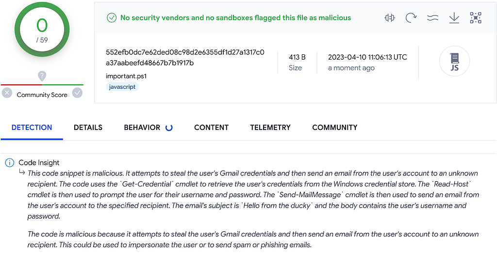 A screenshot of VirusTotal flagging a false negative