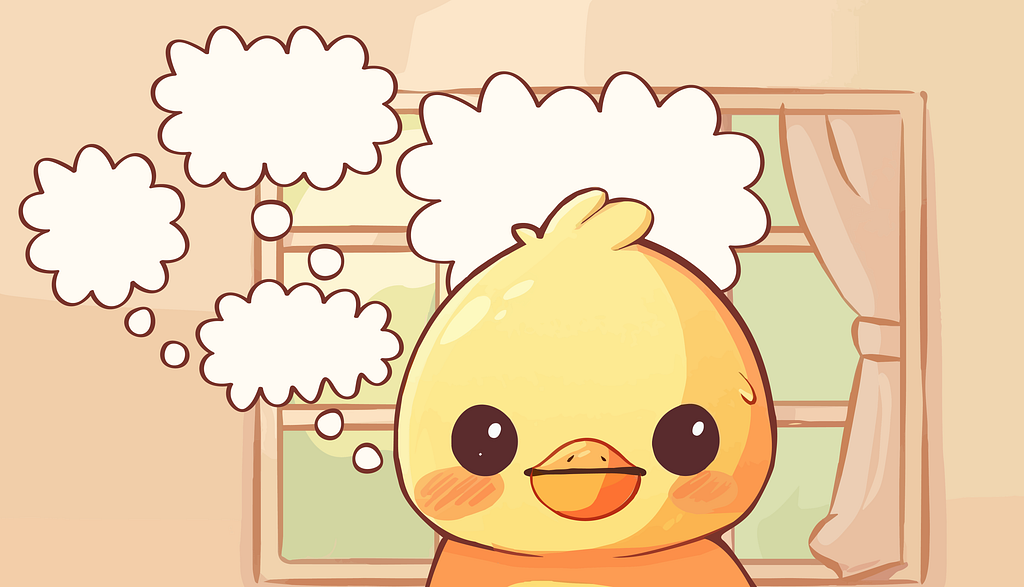 Cute illustration of a mother hen facing the camera with many thought bubbles over and around her head. She’s standing in front of a window inside a warmly-shaded home.
