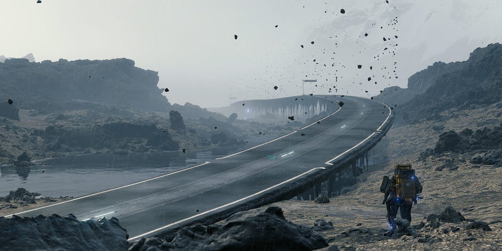 A isolated highway surrounded by a rocky landscape, no plants, no life, colors grey in grey.