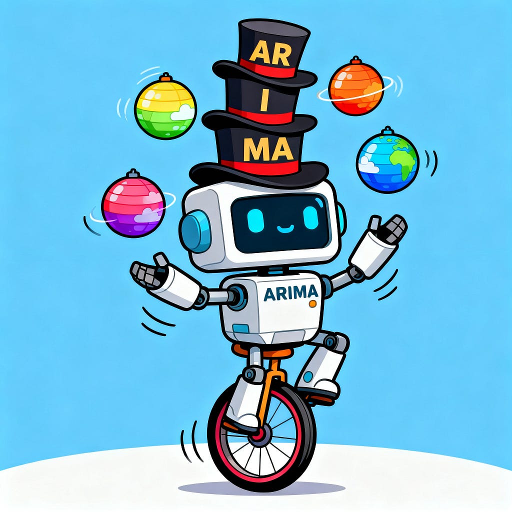 Cartoon robot named ARIMA balancing on a unicycle wearing three hats labeled AR I MA