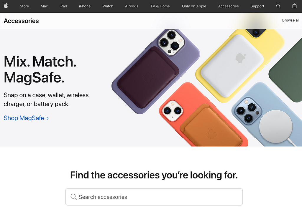 Screenshot from the Apple website showcasing a good use of negative space between images and text, colorful iPhones with various Apple accessories for purchase.