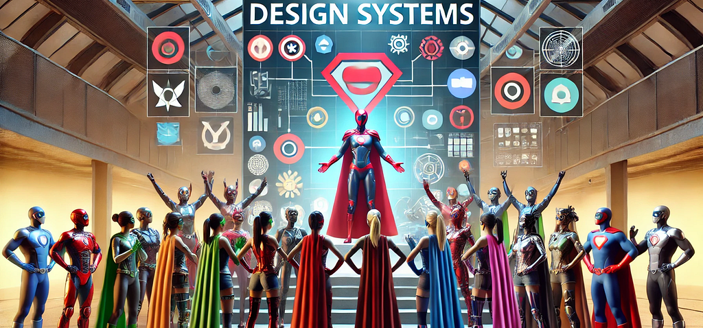A team of superhero designers welcoming a new member to the design team with a screen showing design system objects behind the new team member