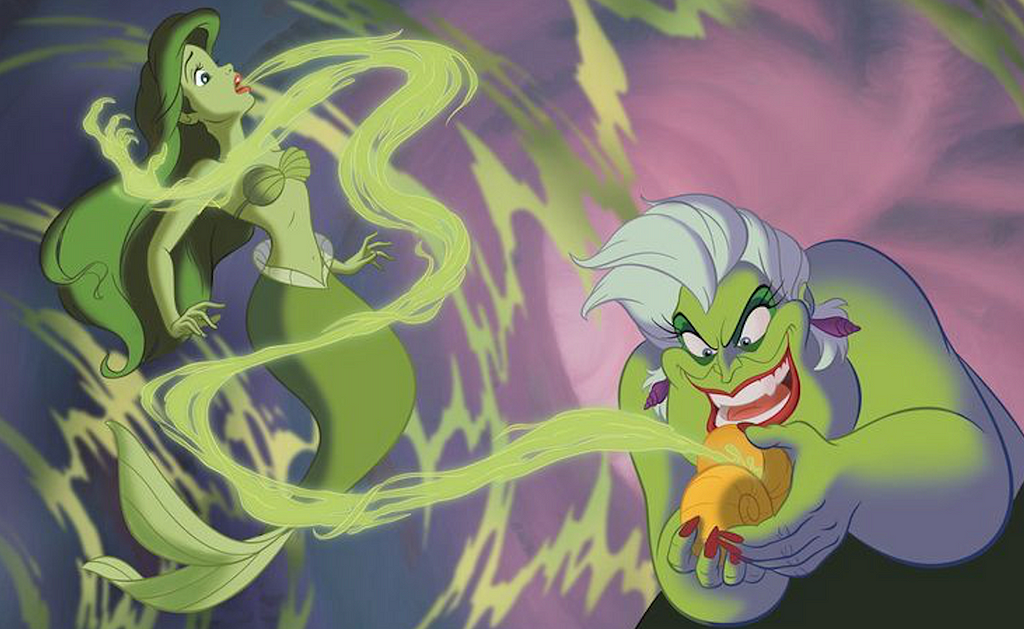 Ursula the sea witch, taking away Ariel’s voice, with a menacing smile on her face.