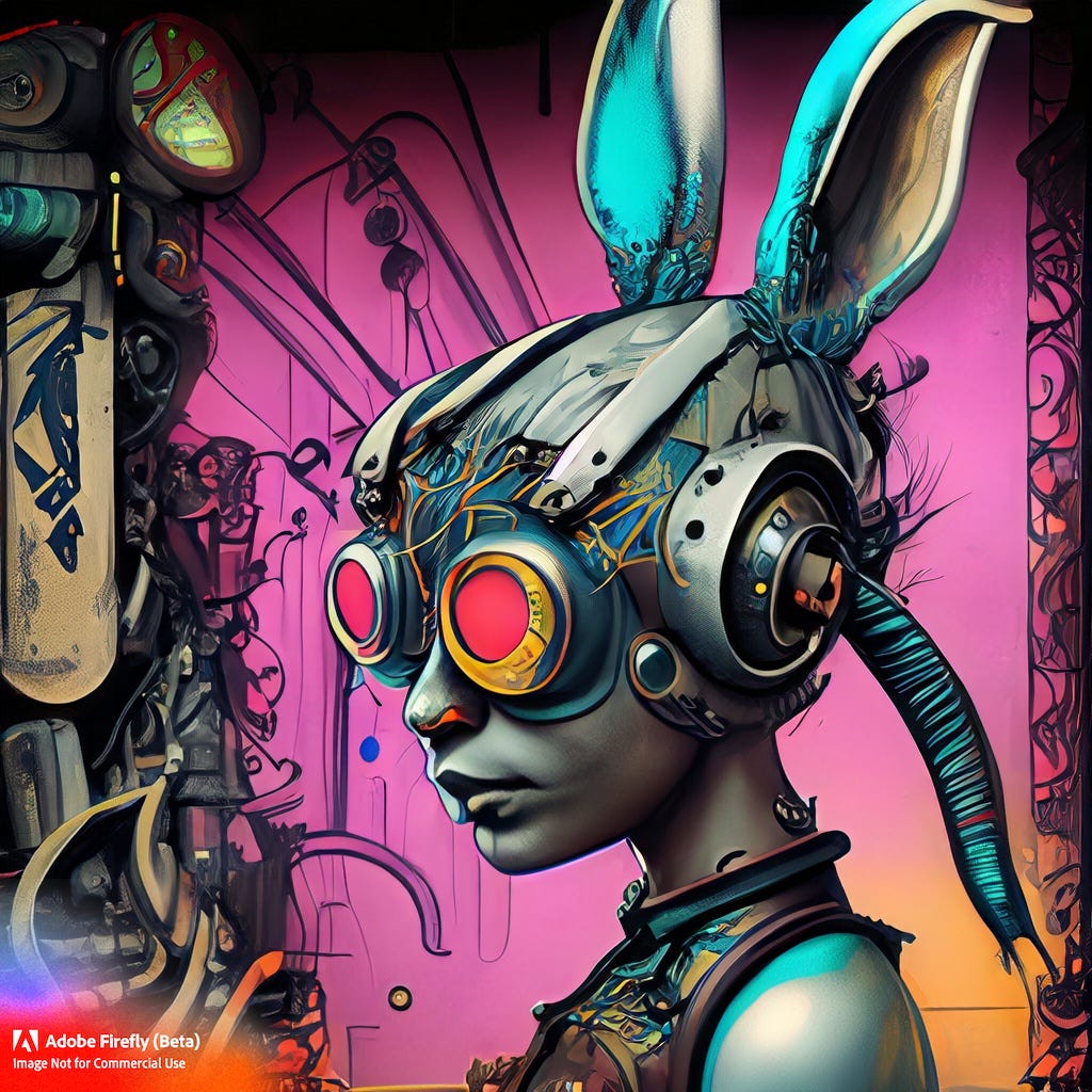 A graffiti-styled image of a cybernetic rabbit woman