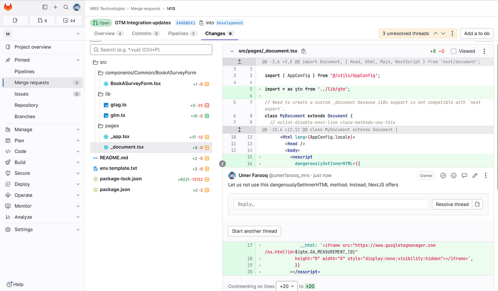 GitLab Code Review Screen — For Blog Effective Code Reviews, written by Umer Farooq, CTO MRS Technologies