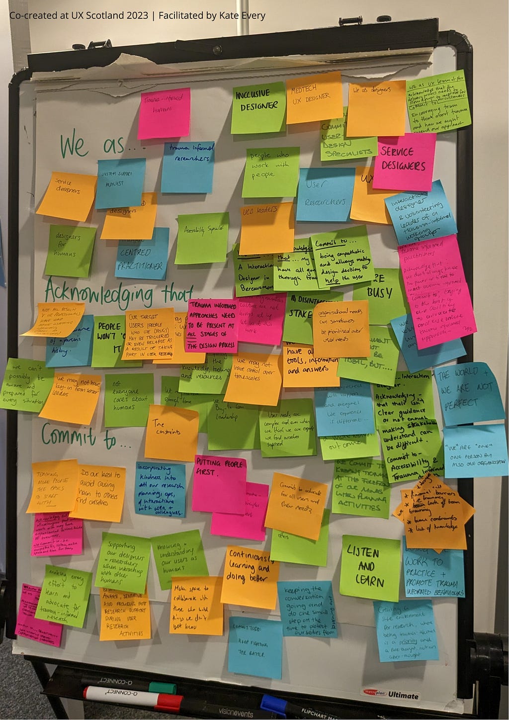 Image of our trauma-informed charter in its original form, as lots of sticky notes on a whiteboard. The text of each sticky note is available at the end of this post.