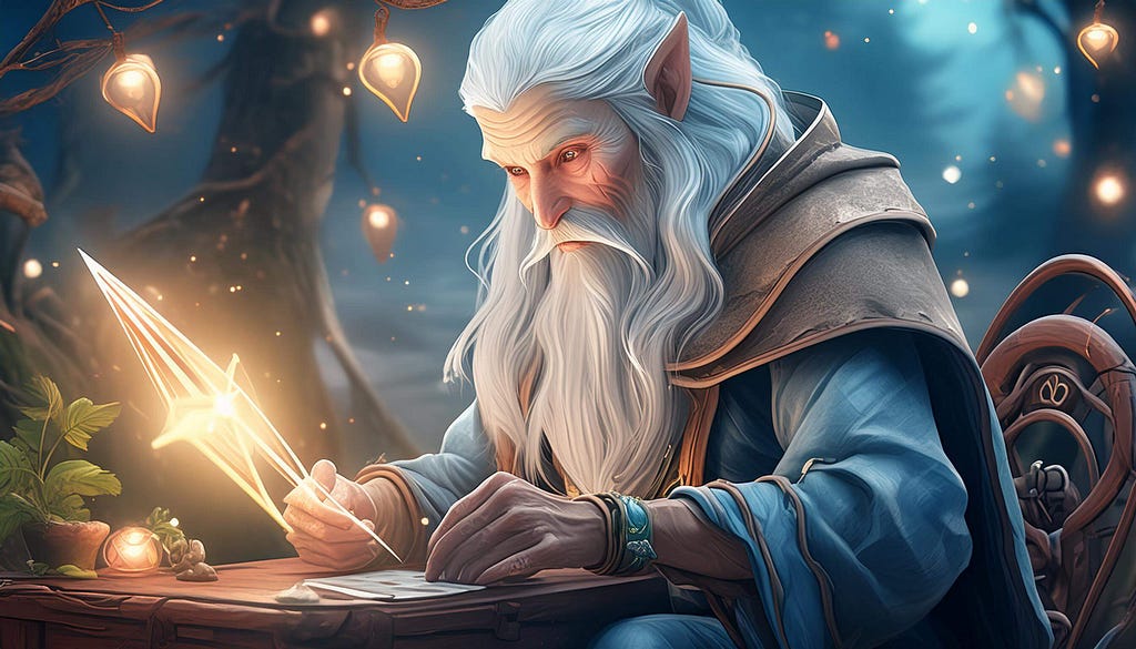 A fantasy setting featuring an elderly, wise-looking wizard reminiscent of Gandalf from “The Lord of the Rings.” The wizard has long white hair and a beard, pointed ears, and is dressed in a blue robe with intricate details. He is writing or drawing with a glowing quill at a wooden desk, surrounded by ethereal, floating lights. The background includes a large, ancient tree and a mystical ambiance, enhancing the magical atmosphere.