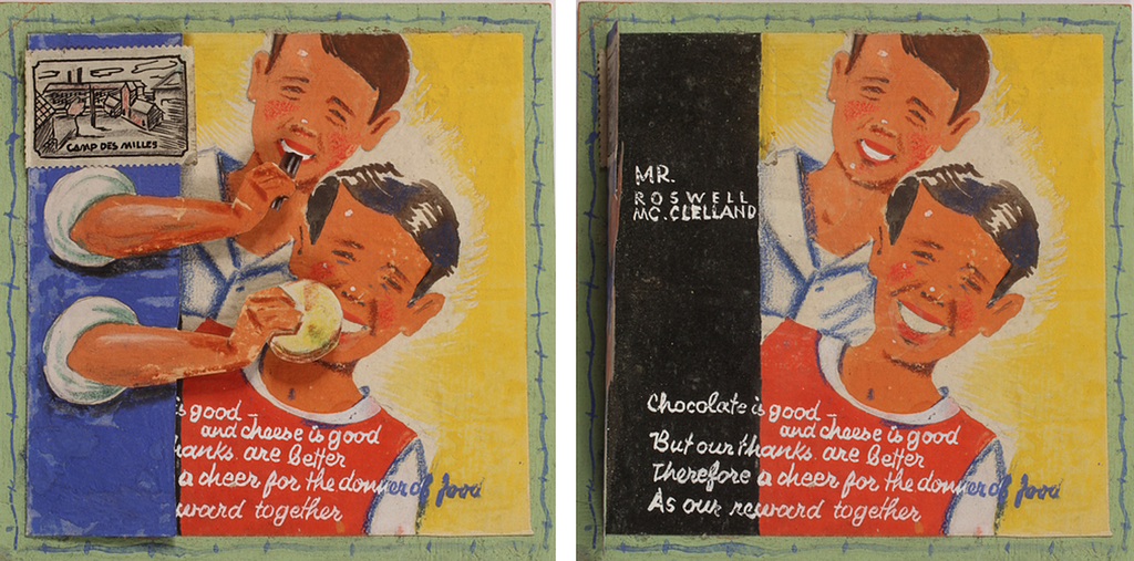 A handmade greeting card depicting of two smiling boys. The flap brings their hands to their mouths holding chocolate and cheese.