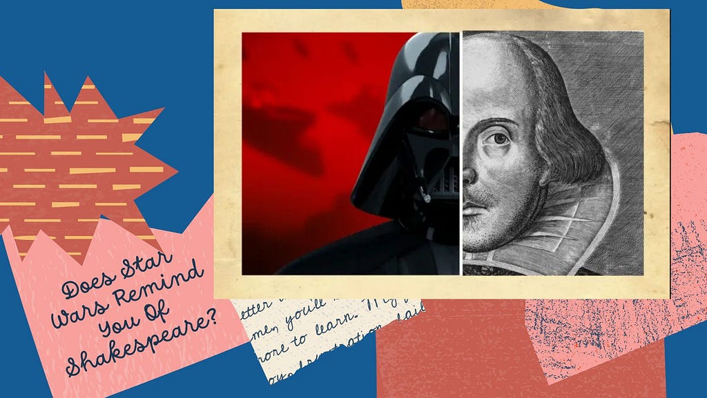 A collage of the faces of Darth Vader And Shakespeare, edited on top of a background that has multiple chits with texts written on them.