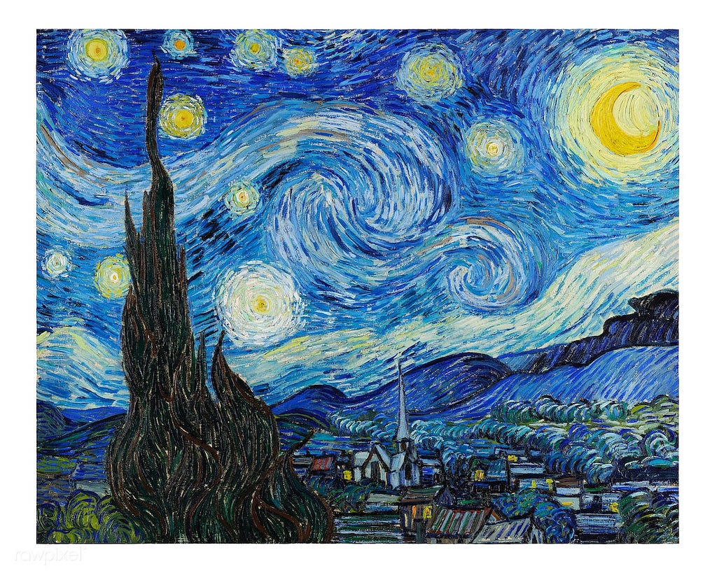 The Starry Night, by Van Gogh, is an oil painting depicting a vivid set of stars against a night sky with a small village underneath. It is noted for its Impressionist qualities — the lines are roughly drawn giving only a taste of the actual subject, rather than a detailed image — and for its vivid use of yellow and blue pigment.