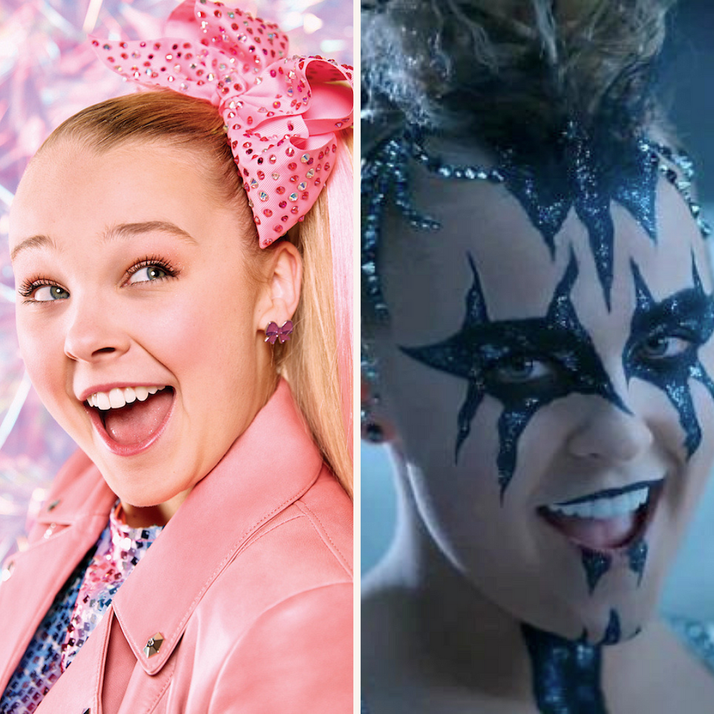 Split-screen showing Jojo Siwa’s fashion style before and after the “Karma” music video