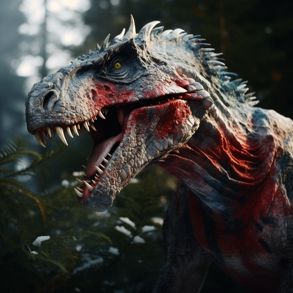 Marble red, silver grey, opal gold, blue brown, fur coated Tyrannosaurus fused with eagle and wolf, muggy canada pine green forest atmosphere, 4K UHD, professional photography (by aitheatric)