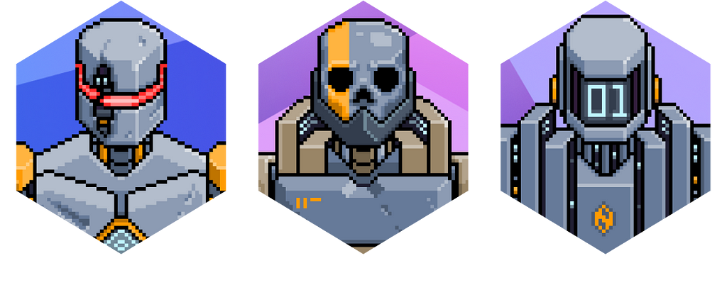 Artwork depicting three different styles of robotic player portraits.