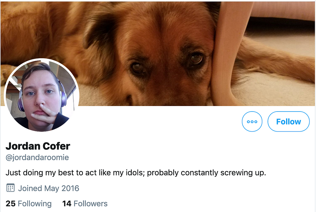 A screenshot of Jordan Cofer’s Twitter bio from his profile, located at https://twitter.com/jordandaroomie