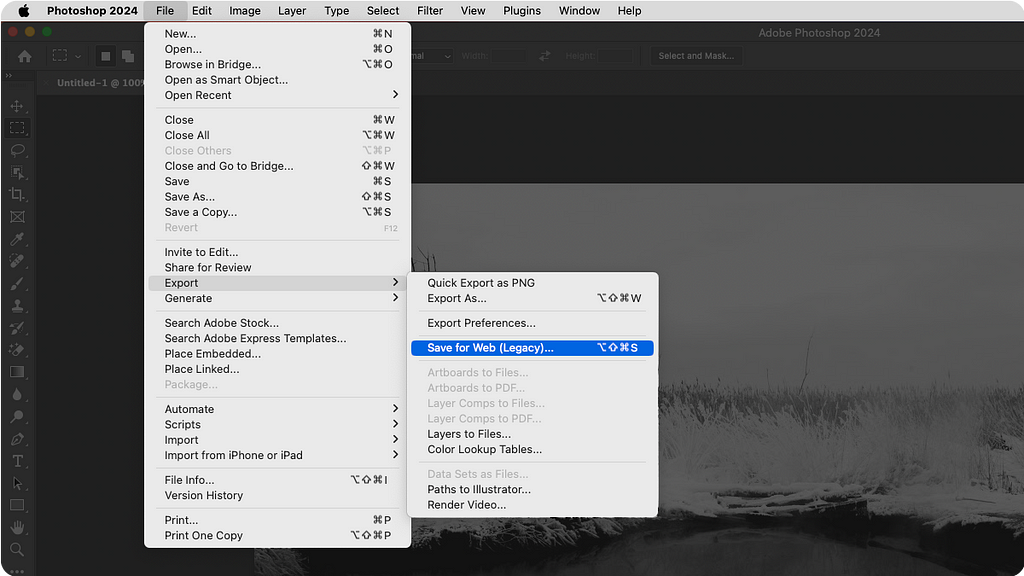 Screenshot of Adobe Photoshop 2024 interface with the ‘File’ menu open and the ‘Save for Web (Legacy)…’ option highlighted. This menu option is used for optimizing images for web usage, ensuring they load quickly while maintaining quality.