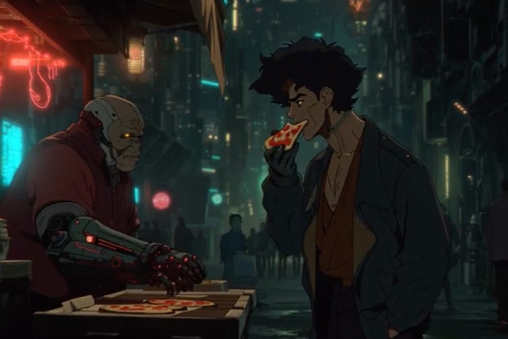 Still from anime film MARGHERITA — We see a young man eating a slice of pizza at a street stall in a futuristic looking city street at night made with AI