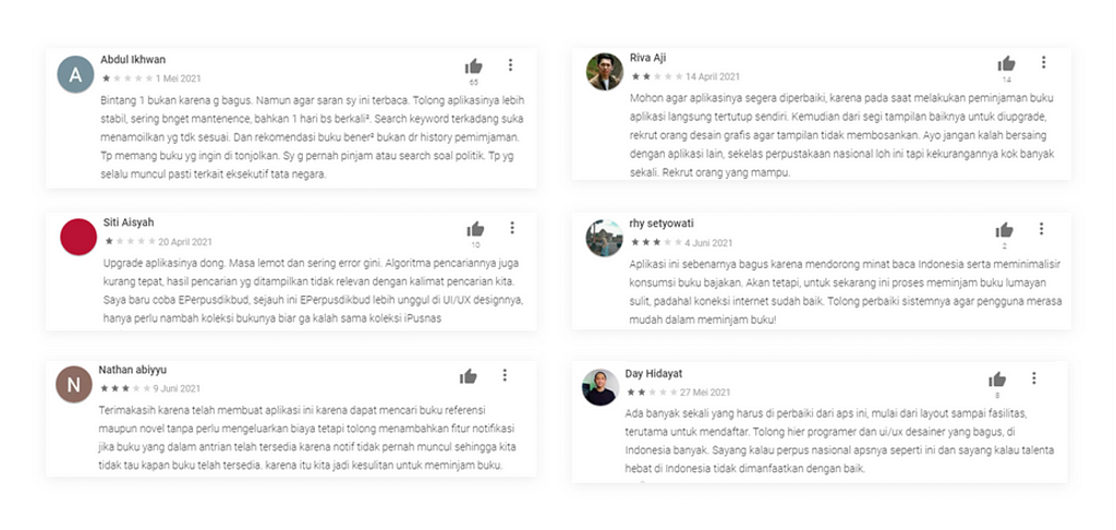 Customer reviews on Google Play Store for iPusnas App