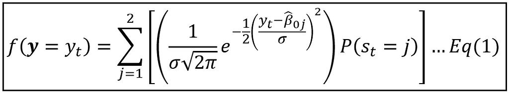 The unconditional probability density of y under the influence of a 2-state Markov model