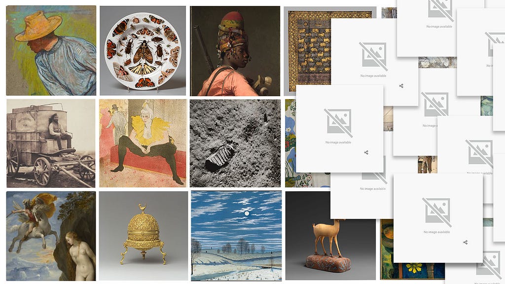 A series of permanent collection images from various museums, eventually eclipsed by “No Image Available” icons