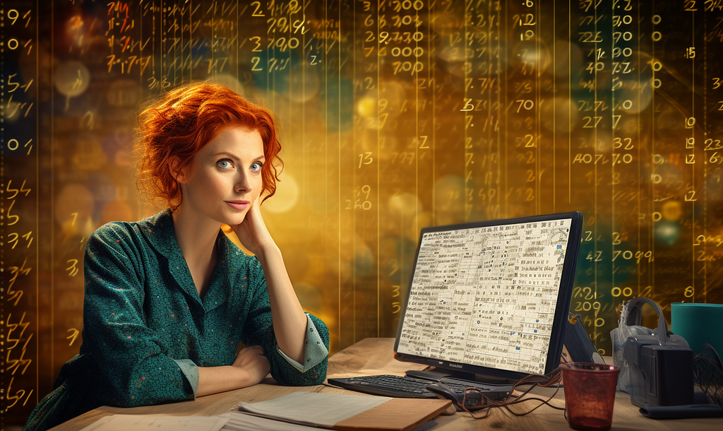 Women sitting at a desk with her computer looking pleased and confident. Background with stylized numbers in gold splotchy pattern.