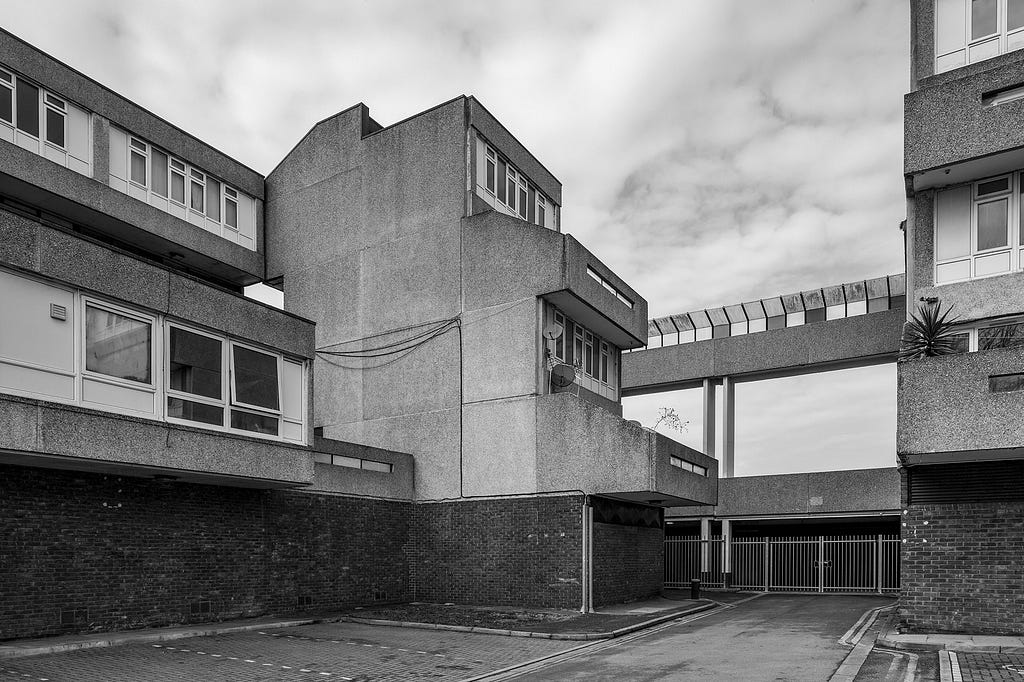 Black and white photograph of Thamesmead housing estate, concrete architecture