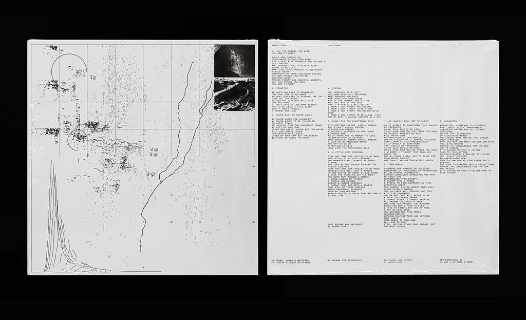 Front and back of a black and white cover of LP designed by NMRDOTCC
