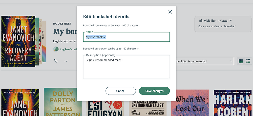 Image of “Edit bookshelf” form on Legible website showing form fields for “name” and “description” of a sample Bookshelf