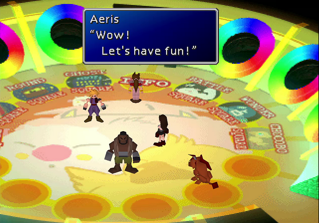 A screenshot of the playstation 1 version of Final Fantasy 7 containing multiple characters and a blue dialogue box that says “Wow! Let’s have fun!”