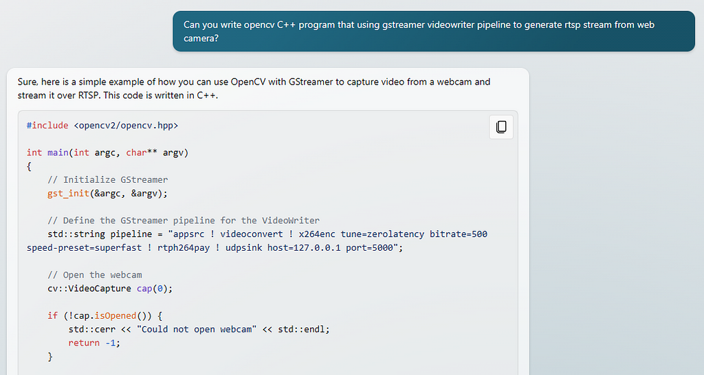 Bing chat generates tutorial code for Opencv