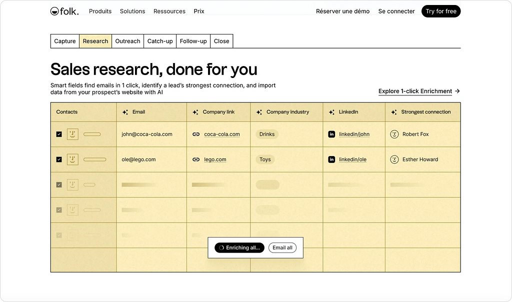 A screenshot of the Folk website, showing the “Research” tab in the features section. It is titled “Sales research, done for you,” with a call-to-action button  labeled “Explore 1-click enrichment.” Below the title, there is a short introductory text describing the feature.