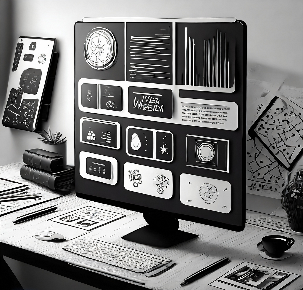 A computer monitor with cards on. Mobile in the background with card designs on. The wall behind the monitor has cards designs on. In greyscale.