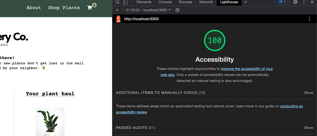 A screenshot of the Lighthouse results, showing a 100% compliance in Accessibility.