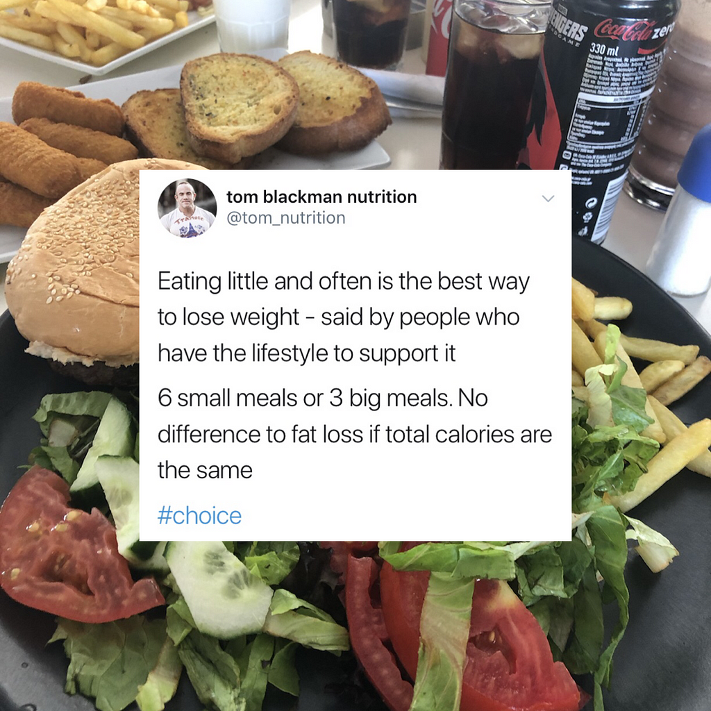 A statement about meal sizes on a picture background of burger and chips