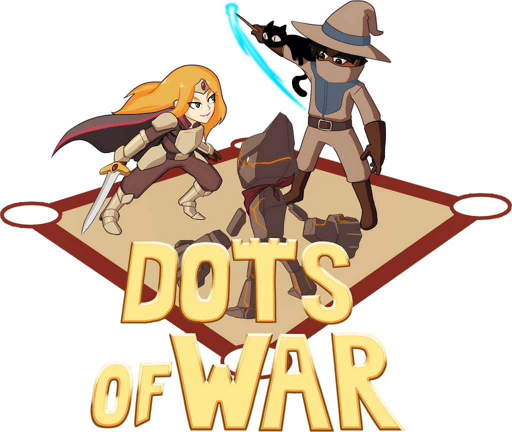 Logo Dots of war, un mago, un caballero y un monstruo de piedra luchando