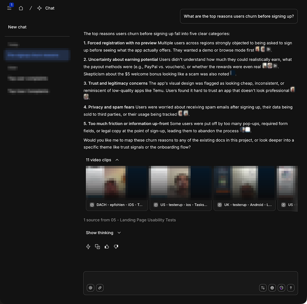 A Dovetail AI chat window. The question “What are the top reasons users churn before signing up?” returns five categories: forced registration with no preview, uncertainty about earning potential, trust and legitimacy concerns, privacy and spam fears, and too much friction up front. Eleven video clips are listed as sources.
