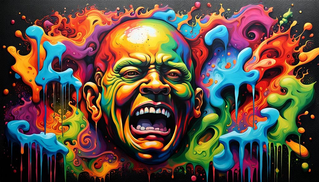 Artist impression technicolor man’s head angry