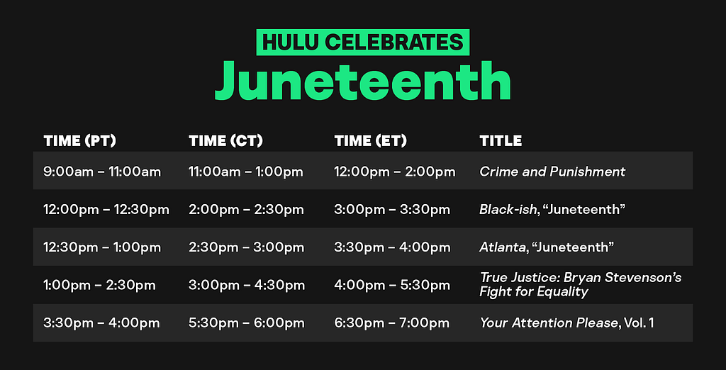 A schedule of Hulu’s film and TV show playlist for Juneteenth.